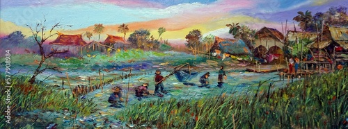 Art painting oil color rural life thailand