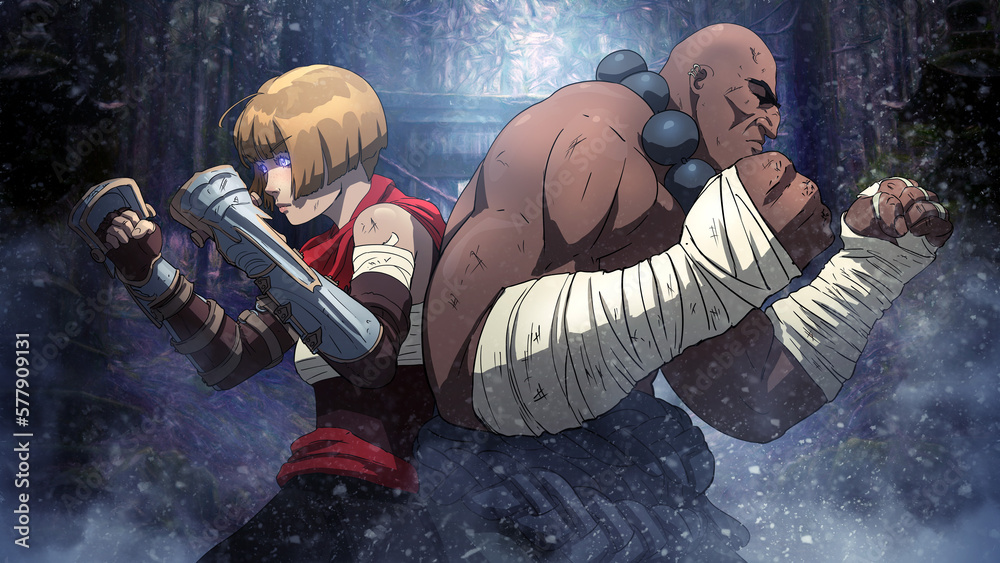 Obraz premium Two fighters, cute girl in brass knuckles and a giant brutal man in bandages, they are comrades in arms standing back to back preparing to fight in the middle of a snowy forest road. 2d anime art