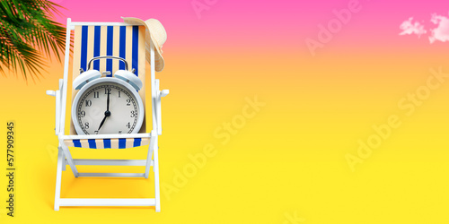Tablou pe pânză Deckchair and vintage alarm clock