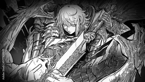 Φωτογραφία A creepy bloodthirsty female warrior ruthlessly pierces a creepy four-armed demon with a huge sword, causing him to suffer, she is a knight in plate armor with short tousled hairs