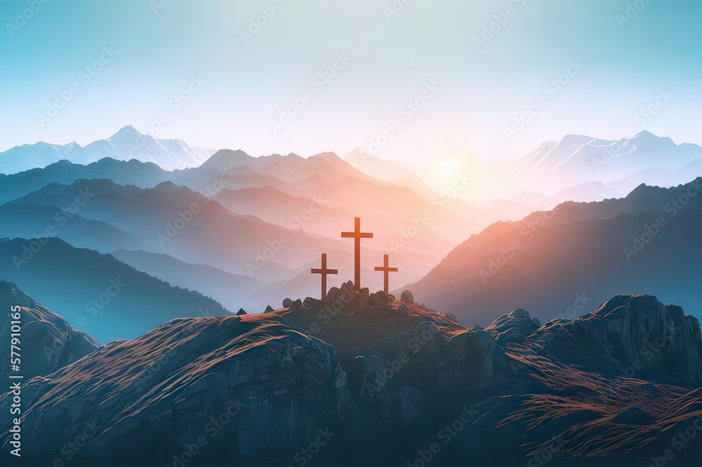 Three crosses on hill at sunrise symbolize crucifixion of christ photo 