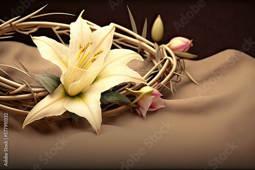Easter Lily and Crown of Thorns on Tan. Photo generative AI