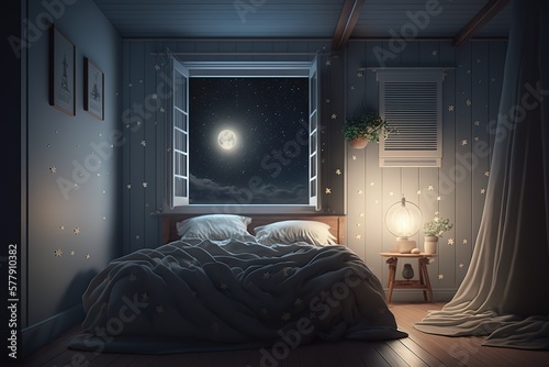 3d rendering of bedroom with cozy low bed at night with starry sky,Generative AI