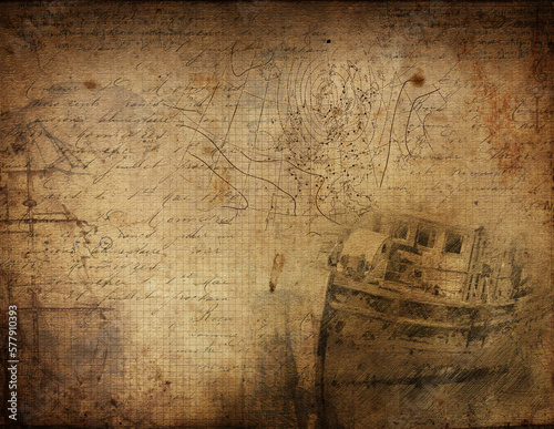 Travel background with vintage map and handwritten and old ship