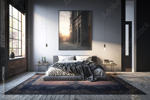 A bedroom with a bed, nightstands, and a painting on the wall above it and a rug on the floor below it, and a rug on the floor, and a rug on the floor