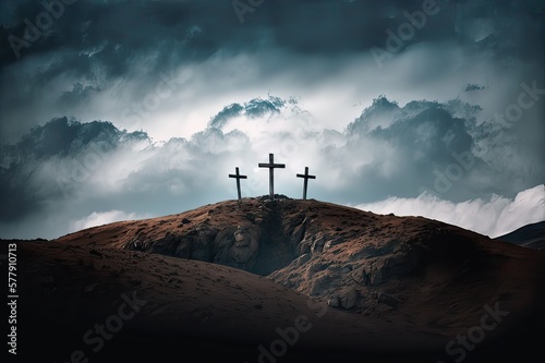 Fotografia Three Crosses on Dark Hillside: Crucial Easter Story Scene