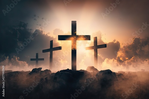 Heavenly Light Shines on Crucified Christ's Crosses. Photo generative AI