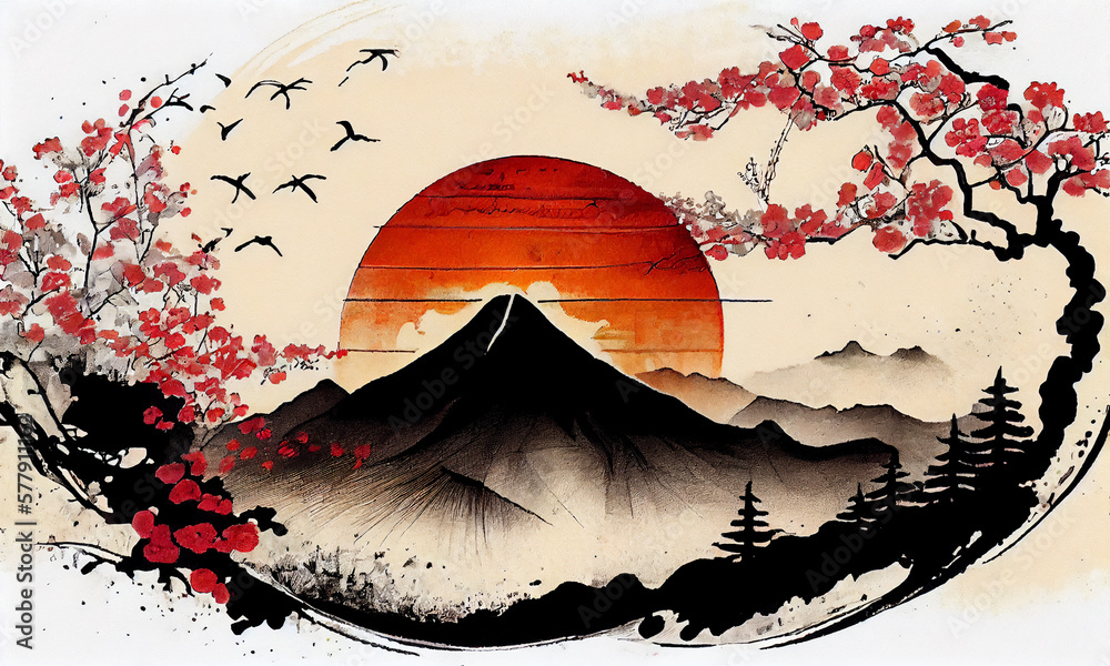 Japan Traditional Sumi E Painting Fuji Mountain Sakura Sunset   1000 F 577911162 1WO45OObhELAAyro4IXxCCMVTRTwPFXj 