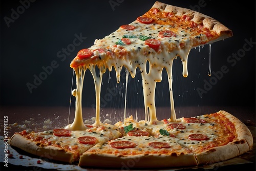 Delicious pizza, slice of pizza. Professional food photo. For advertising or for a poster. Generative AI.