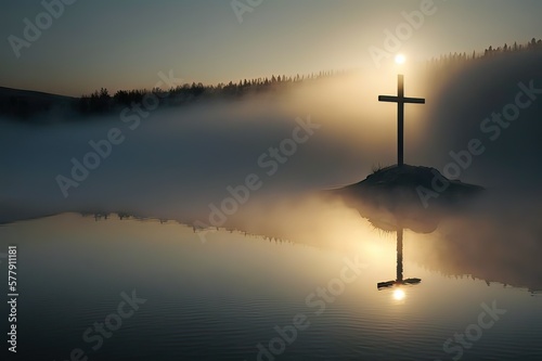 Foggy Lake Easter Sunrise with Long Single Shadow. Photo generative AI