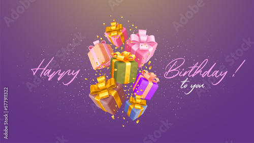 Birthday greeting card with colored gift boxes. Multicolored, glossy 3d gifts with beautiful bows flying and falling with golden tinsel on violet background. Vector realistic illustration