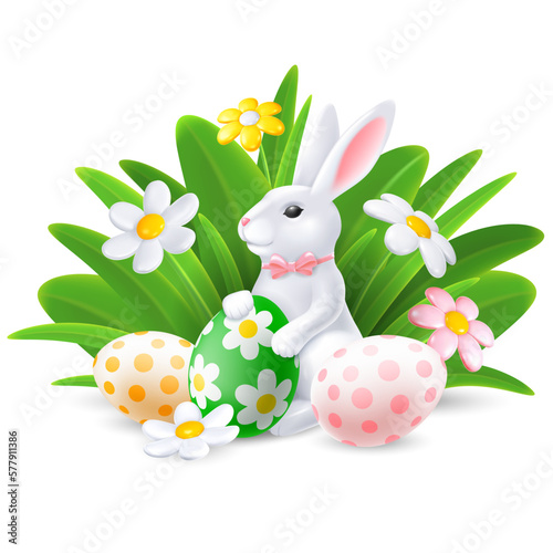 Easter bunny hold colored eggs, sitting in the spring grass with daisy flowers. Trendy conceptual design for Easter greeting or egg hunt party. Vector 3d realistic illustration EPS10