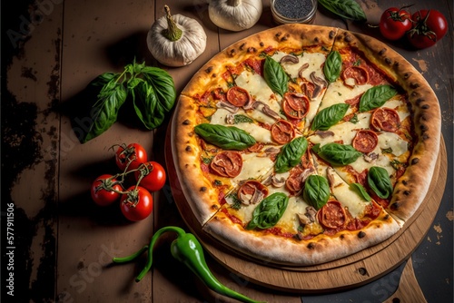 Delicious pizza, slice of pizza. Professional food photo. For advertising or for a poster. Generative AI.