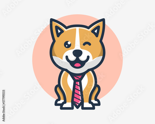 Cute Shiba Inu Dog Puppy Canine Wear Necktie Suit Playful Funny Cartoon Mascot Vector Illustration