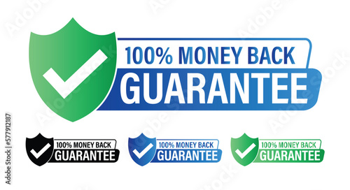 100% money back guarantee vector icon with tick mark, blue and green i n color photo