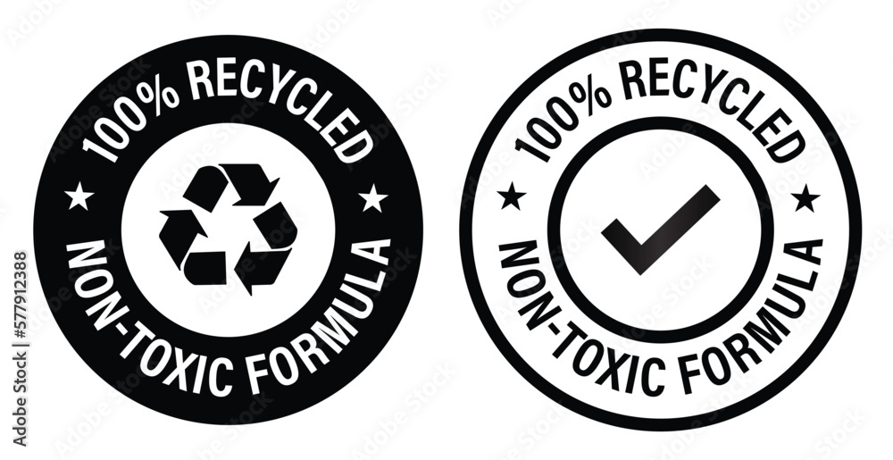 100% recycled, non toxic formula vector icon with tick mark