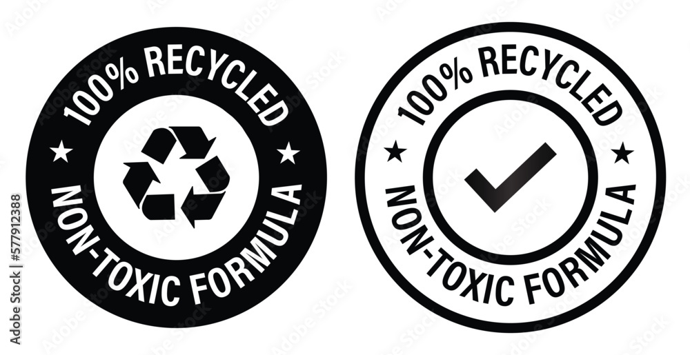 100% recycled, non toxic formula vector icon with tick mark 100% recycled, non toxic formula vector icon with tick mark