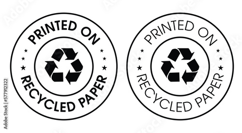 'printed on recycled' paper vector icon set.recycled abstract. black in color