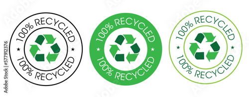 '100% recycled' vector icon set, green in color
