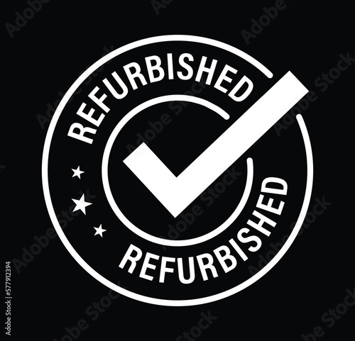 refurbished vector icon with tick mark isolated on dark background. white in color