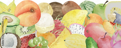 Watercolor background with various fruits on white background, top view, flat layout. Concept of healthy eating, food background. Frame of fruits