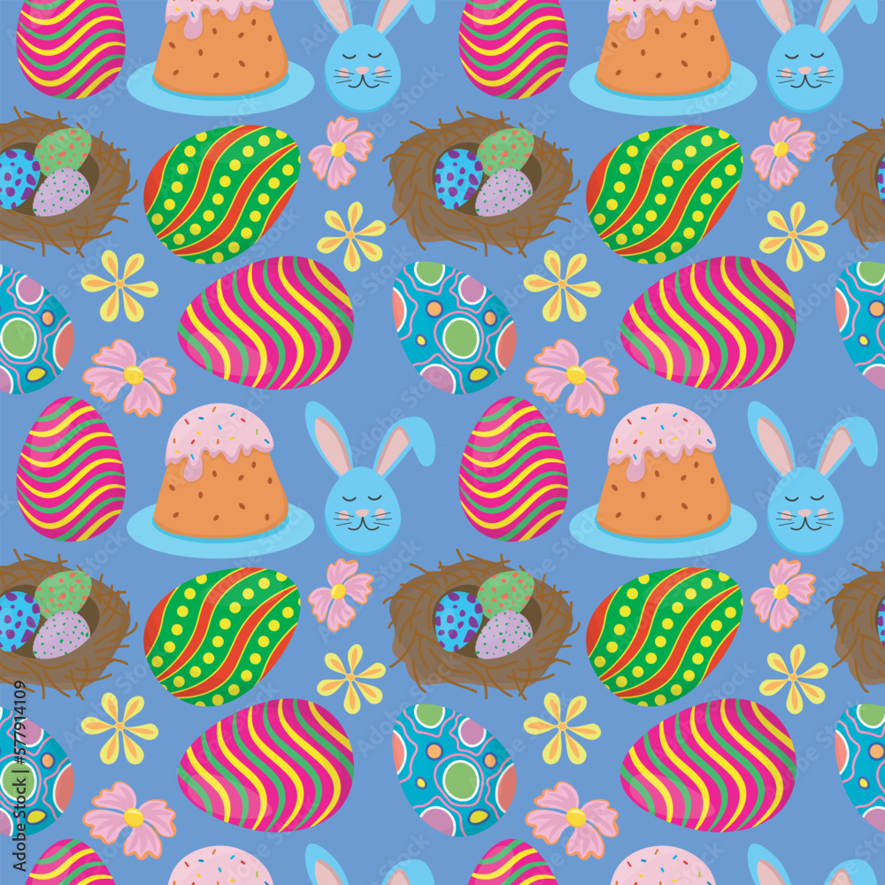 pattern image for happy easter holiday with elements of eggs, flowers, rabbit, eggs in a nest, easter cake pattern image for happy easter holiday with elements of eggs, flowers, rabbit, eggs in a nest, easter cake