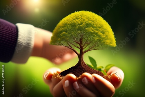 Hand holding young tree for planting, concept eco earth day photo