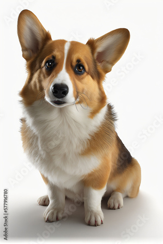 Un corgi, portrait de chien de race, sur fond blanc façon studio photo, IA générative (7)