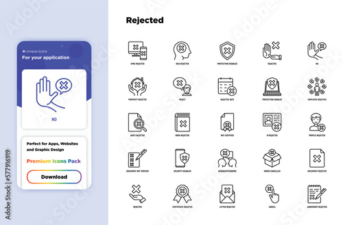 Rejected thin line icons set: sync, idea, agreement, calendar date, employee, audit, document not certified, profile, order cancelled, misunderstanding. Modern vector illustration.
