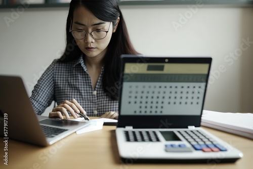 Unrecognizable businessman with illuminated light bulb, working on laptop at office, cropped, concept for idea, innovation and inspiration in business, business opportunities, AI generated