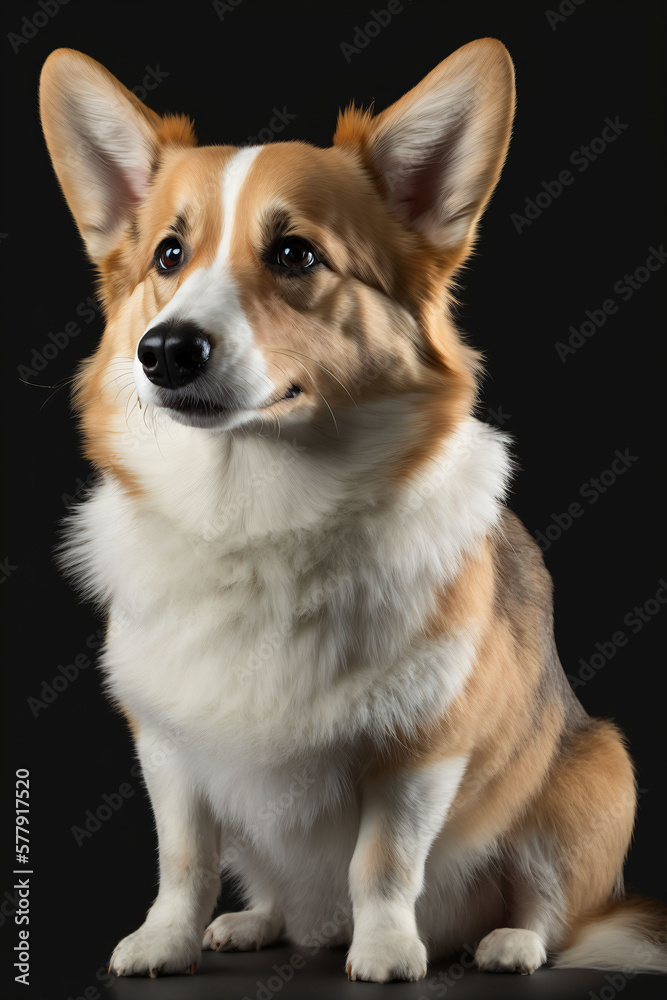 Un corgi, portrait de chien de race, sur fond noir façon studio photo, IA générative (2) Un corgi, portrait de chien de race, sur fond noir façon studio photo, IA générative (2)