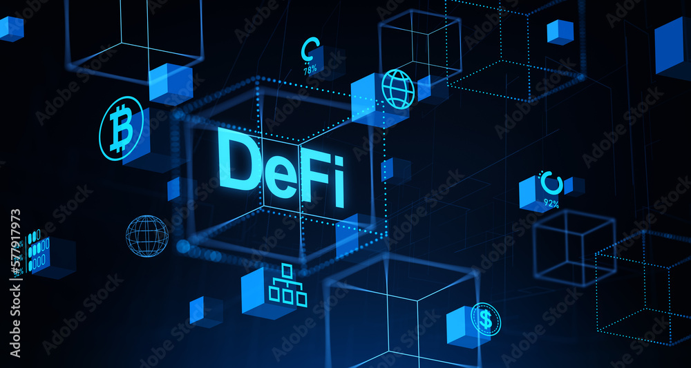 DeFi hologram with business data and digital asset