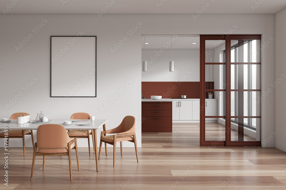 Fototapeta premium White kitchen interior with eating table and cooking area. Mockup frame