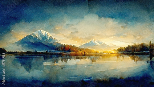 beautiful landscape with mountains and lake, watercolor style. Digital art. © jozefklopacka
