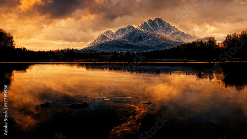 beautiful landscape with mountains and lake at sunset. Digital art.