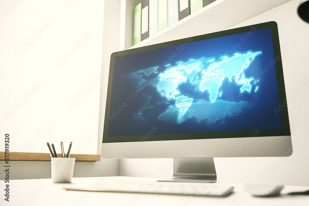 Abstract creative world map on modern laptop screen, international trading concept. 3D Rendering Abstract creative world map on modern laptop screen, international trading concept. 3D Rendering