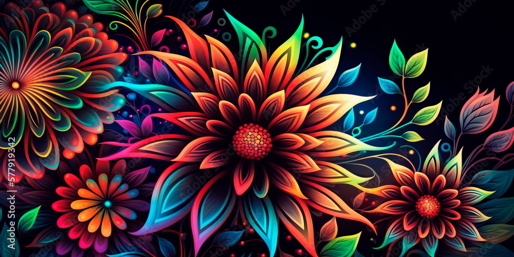 Psychedelic flower patterns on a bright background Generative AI Psychedelic flower patterns on a bright background Generative AI
