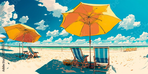 Beach umbrellas and chairs on a sunny day Generative AI © Лилия Захарчук