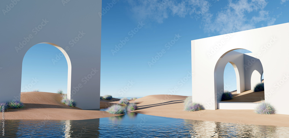 3d render Surreal pastel landscape background with geometric shapes, abstract fantastic desert dune in seasoning landscape with arches, panoramic, futuristic scene with copy space, blue sky and cloudy