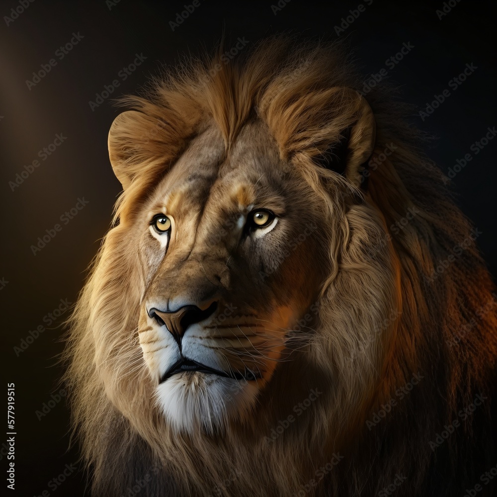 Lion dans la savane Africaine, portrait façon documentaire animalier du roi des animaux, ia générative 5