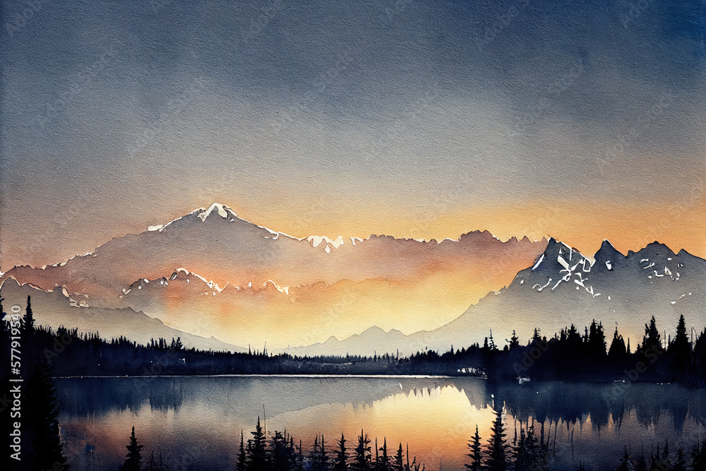 beautiful landscape with mountains and lake, watercolor style. Digital art.
