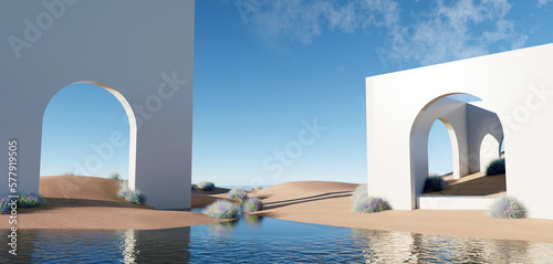 3d render Surreal pastel landscape background with geometric shapes, abstract fantastic desert dune in seasoning landscape with arches, panoramic, futuristic scene with copy space, blue sky and cloudy © TANATPON
