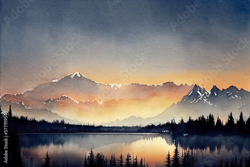 beautiful landscape with mountains and lake, watercolor style. Digital art.