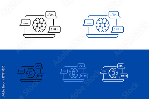 Icons for Natural language processing, NLP, AI language, Text analysis, and Computational linguistics. Vector line icons with editable strokes.