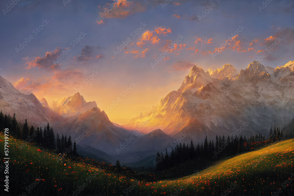 A beautiful mountain meadow full of flowers. Digital art.
