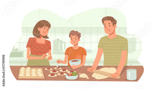 Happy family cooks food together. Dad, mom and son are cooking dumplings