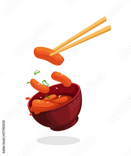 Tteokbokki bowl and chopstick korean street food symbol cartoon illustration vector