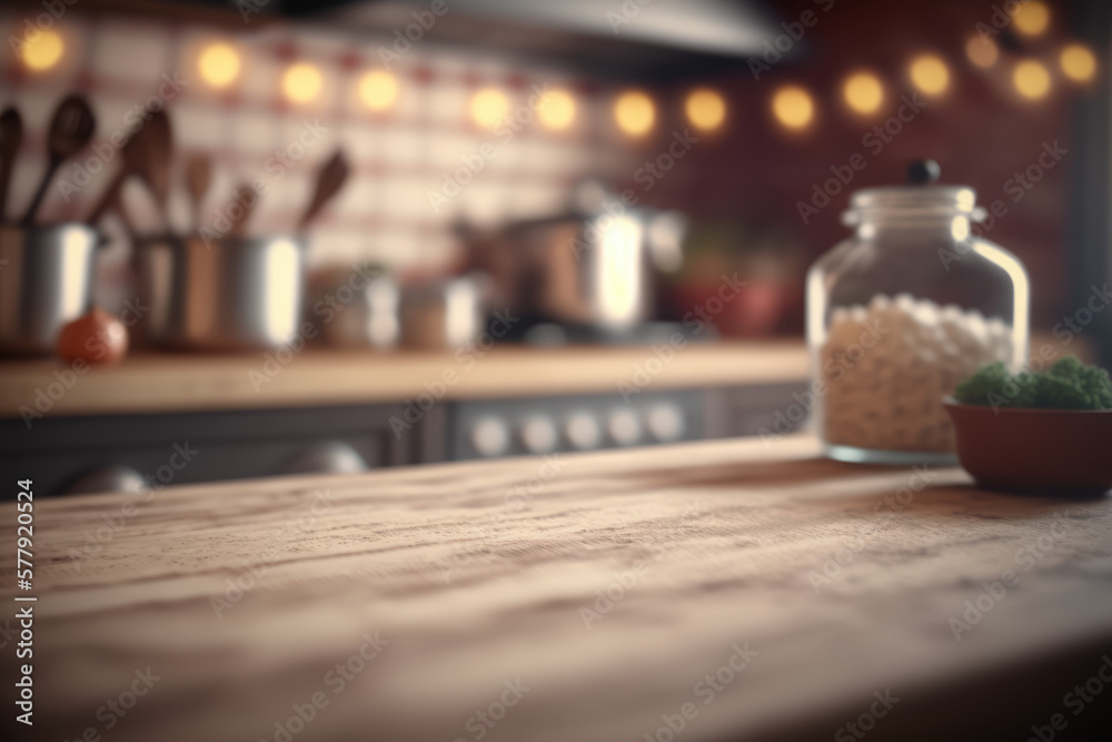 Empty wooden kitchen table with blurred background Generative AI Empty wooden kitchen table with blurred background Generative AI