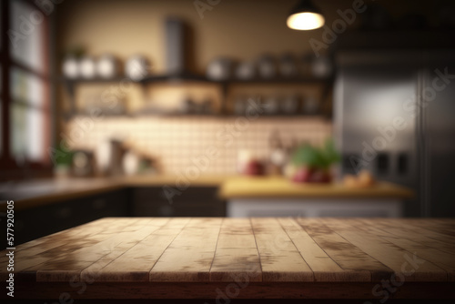 Empty wooden kitchen table with blurred background Generative AI