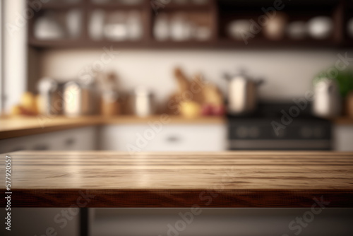 Empty wooden kitchen table with blurred background Generative AI